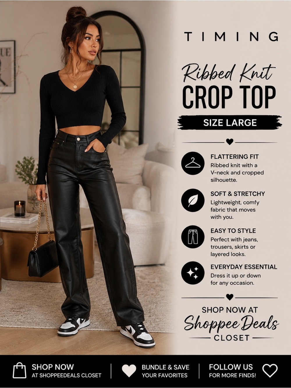 TIMING Black Ribbed Knit Long Sleeve Cropped Sweater Top – Women’s Size Large